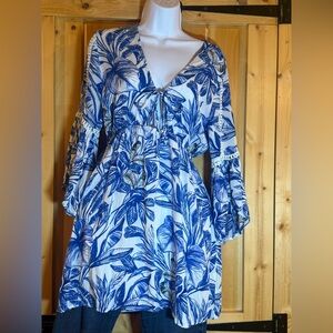 Blue Island Leaf Print Dress/Beach coverup, size M